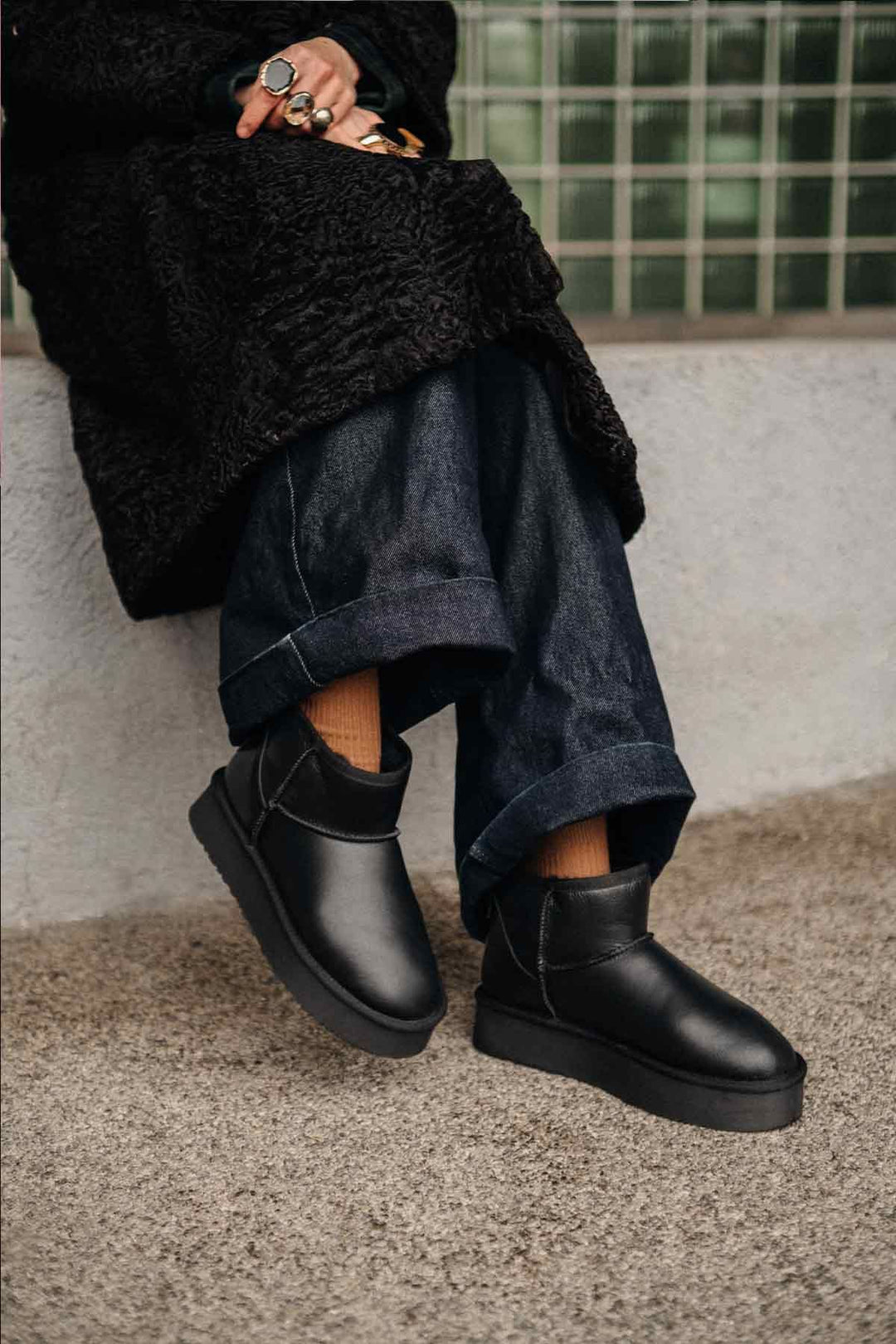 Pegia High Sole Sheepskin Boots 191303  - Black