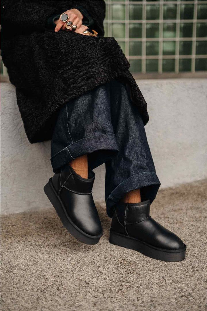 Pegia High Sole Sheepskin Boots 191303  - Black